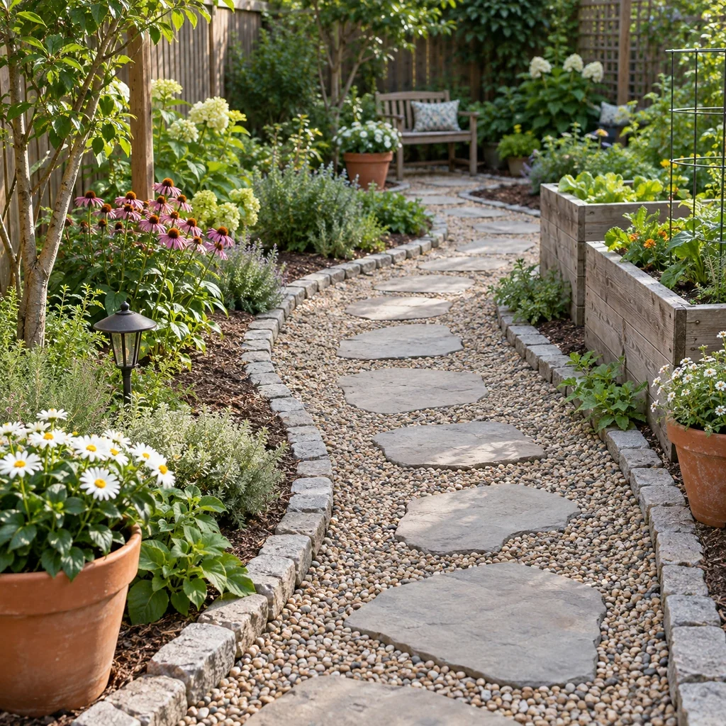 Curved gravel and stepping stone path through a backyard garden