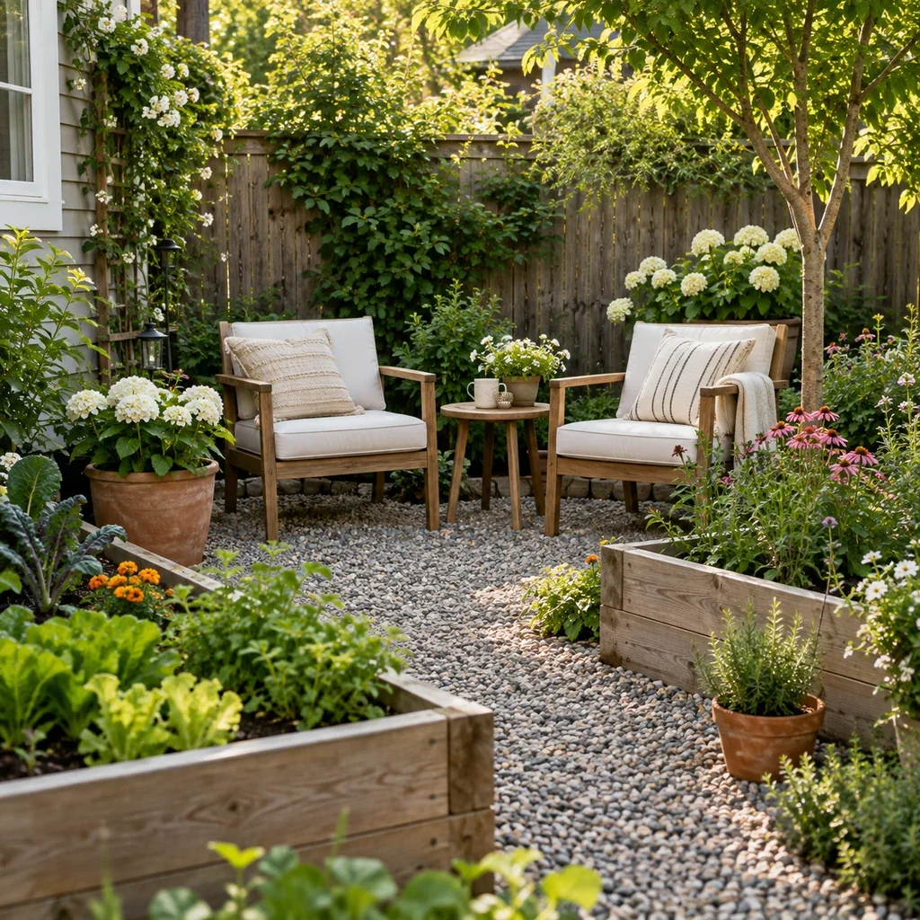 Cozy backyard seating nook surrounded by raised beds and flowers