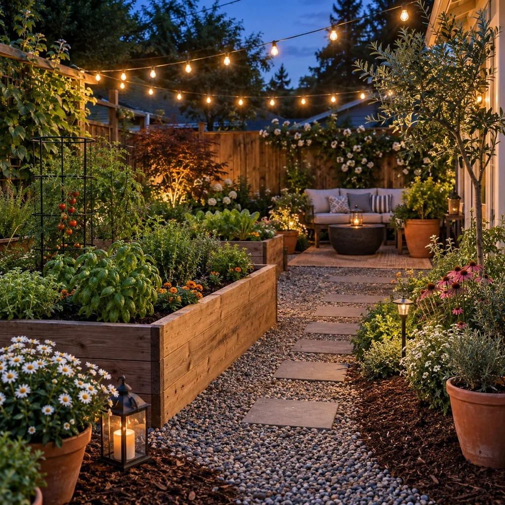 Finished backyard garden with warm string lights and planted borders