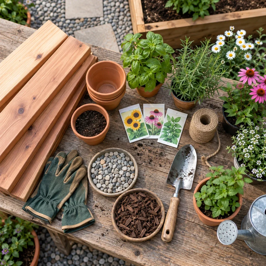 DIY garden makeover materials and tools arranged on an outdoor workbench