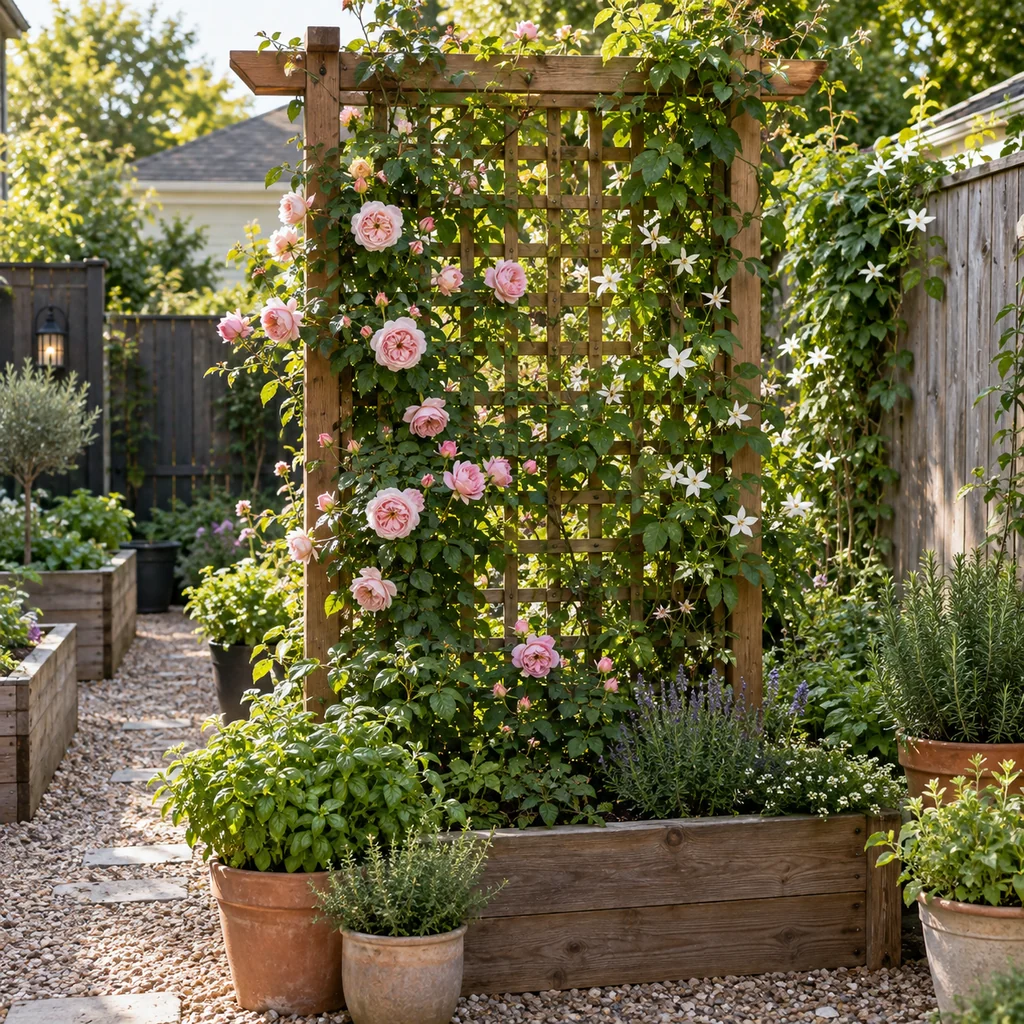 Flowering vine trellis in a small backyard garden