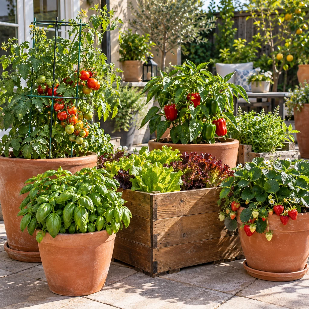 Container vegetable garden with tomatoes peppers lettuce and herbs
