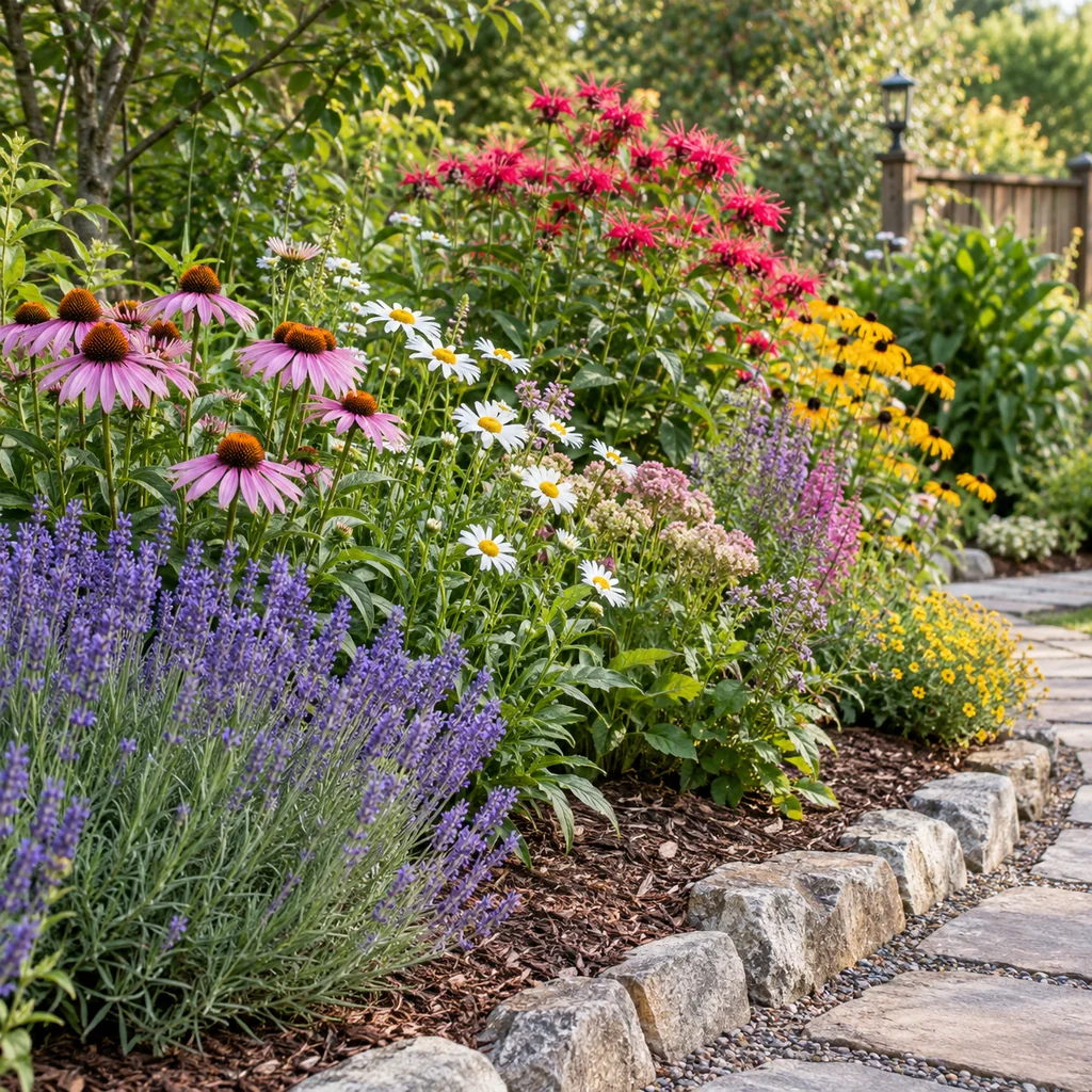 Colorful pollinator flower border beside a backyard path