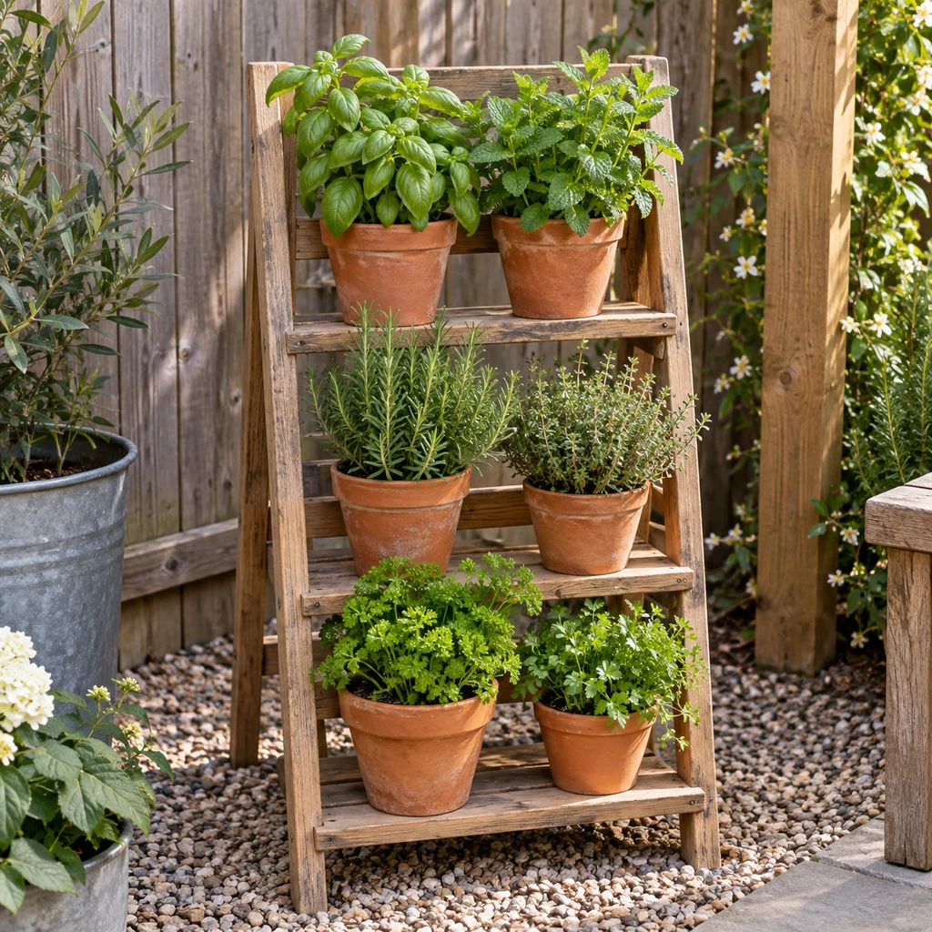 Wooden ladder shelf holding potted backyard herbs