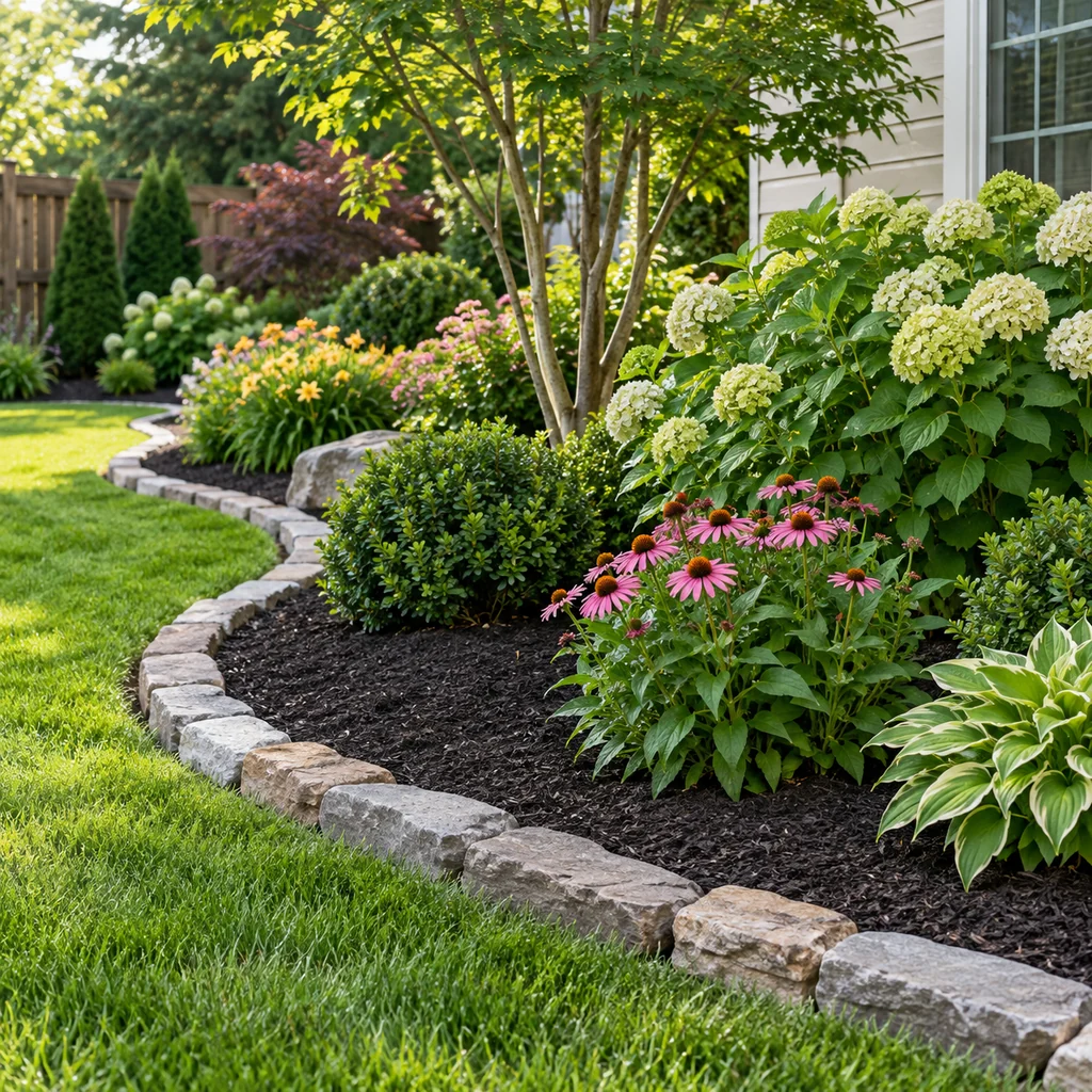 Mulched flower bed with natural stone edging