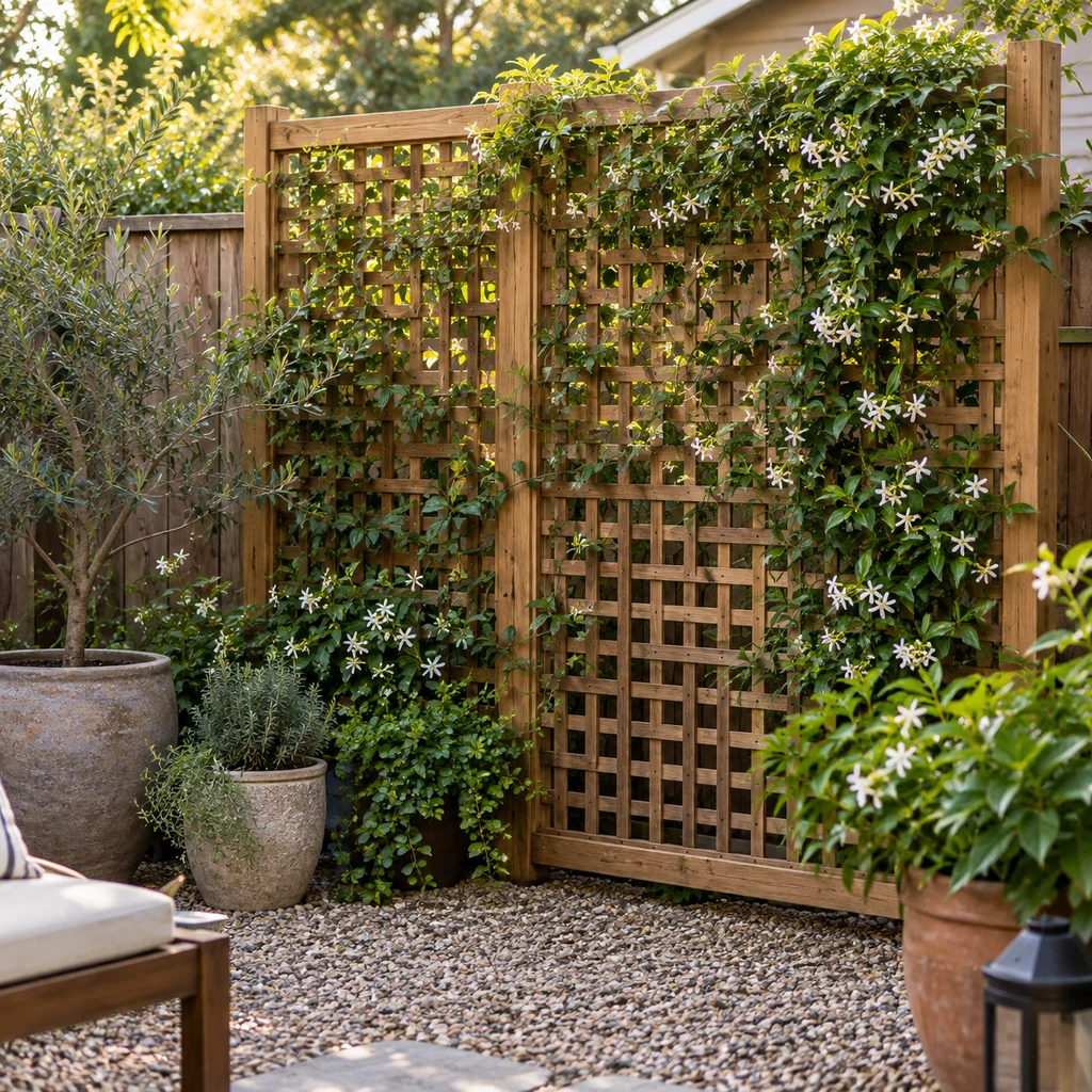 Backyard privacy lattice covered with leafy vines