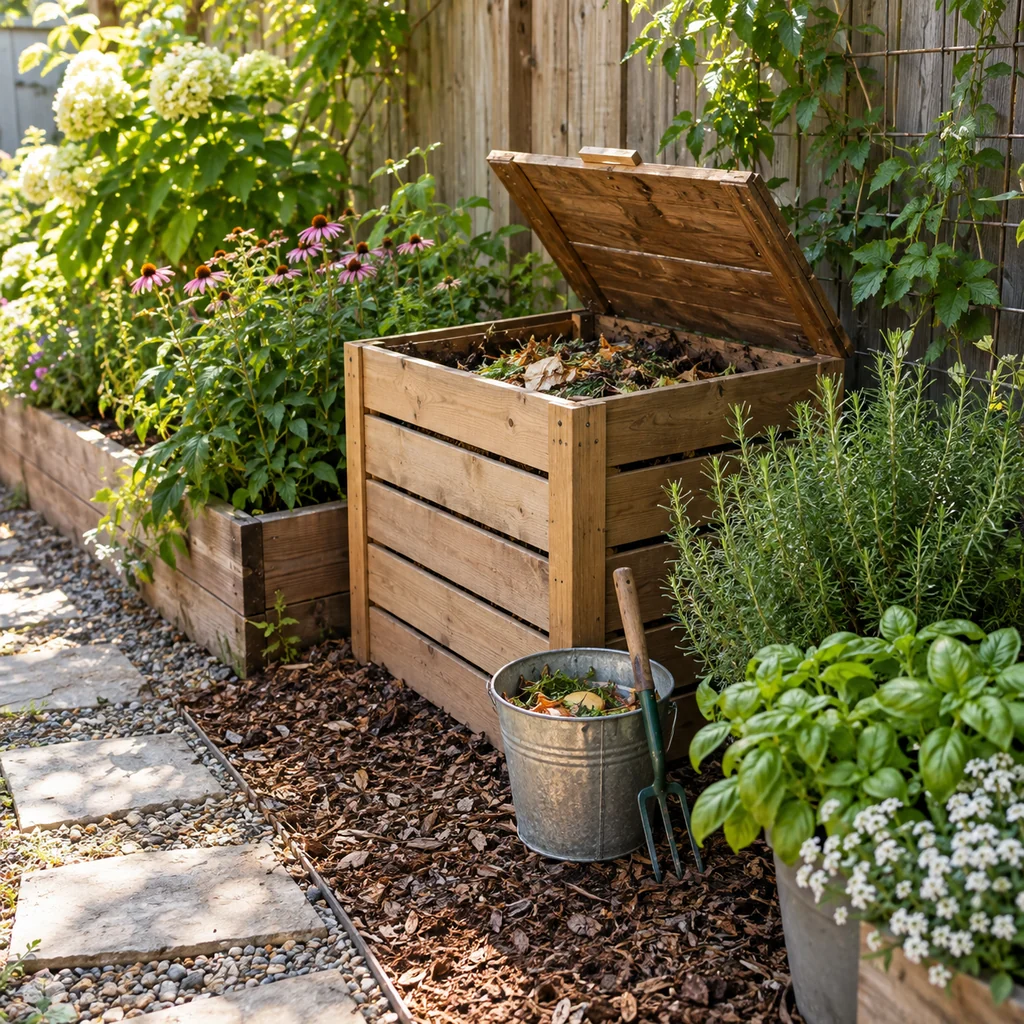 Small tidy compost corner beside a backyard garden bed