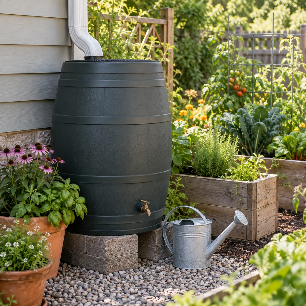 Rain barrel beside raised beds for backyard watering