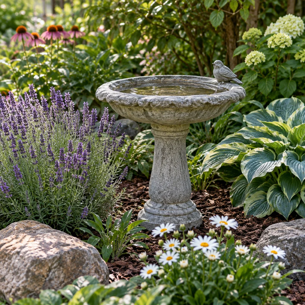 Stone birdbath tucked into a lush backyard flower bed