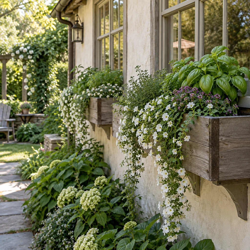 Wooden window boxes filled with trailing flowers and herbs