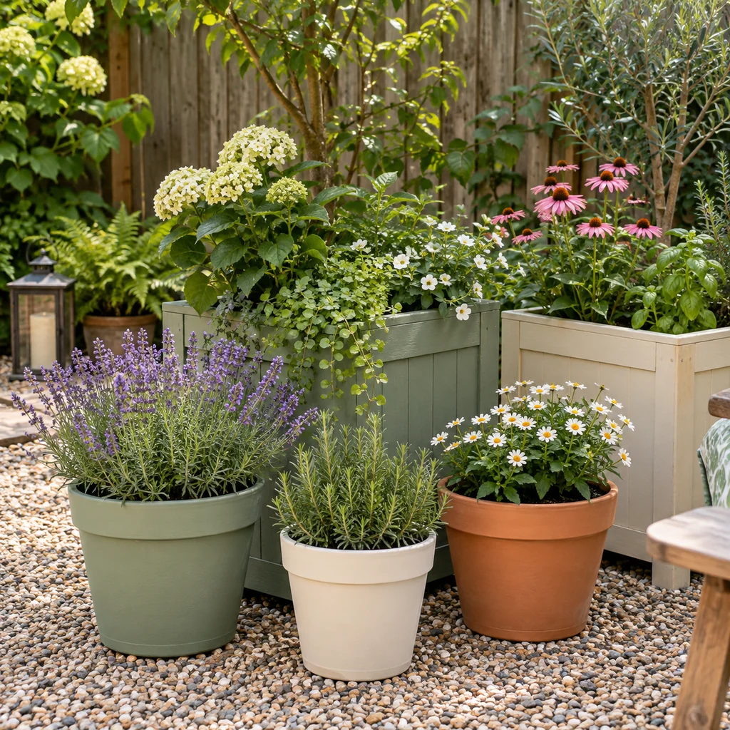 Painted planters adding soft color to a backyard garden corner