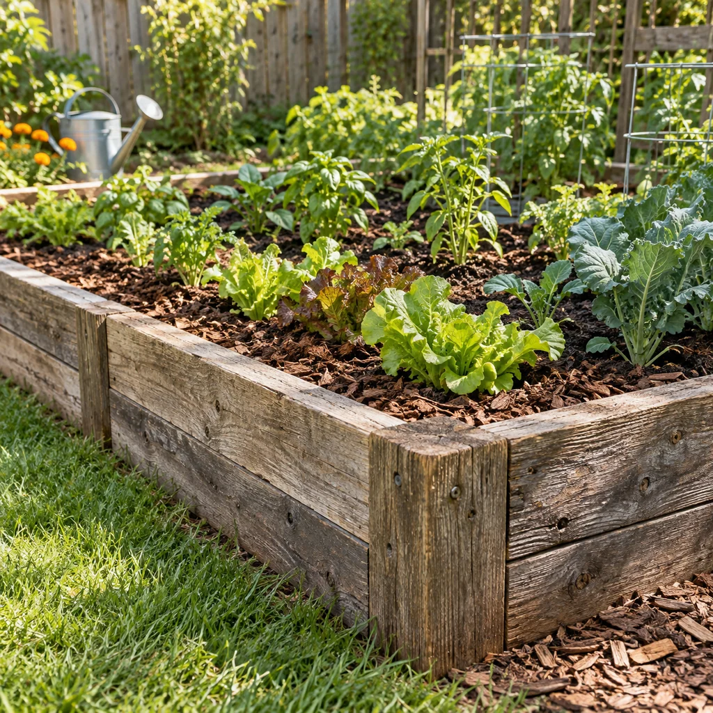 Reclaimed wood edging around a backyard vegetable bed