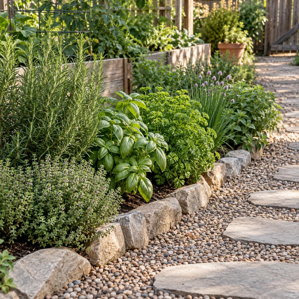 Edible herb border lining a gravel garden path