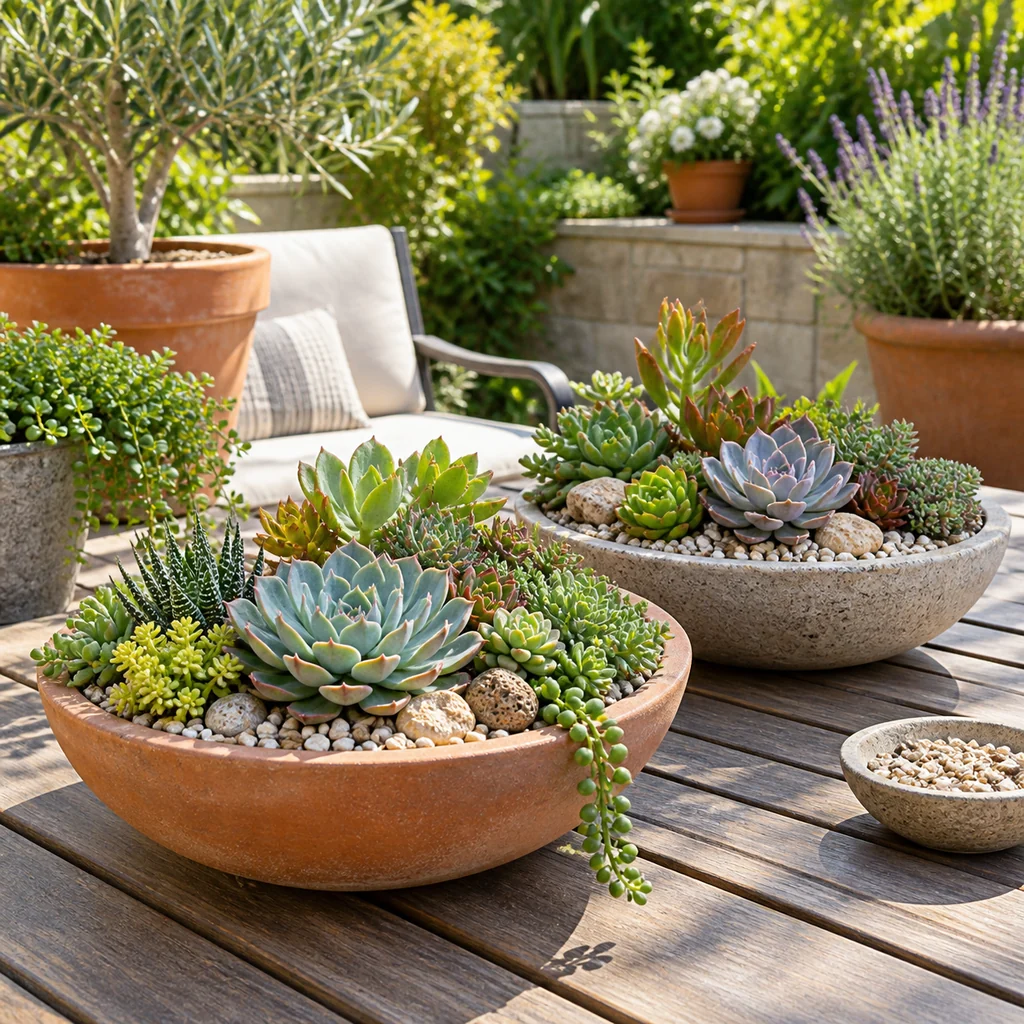 Succulent bowls used as low maintenance backyard accents