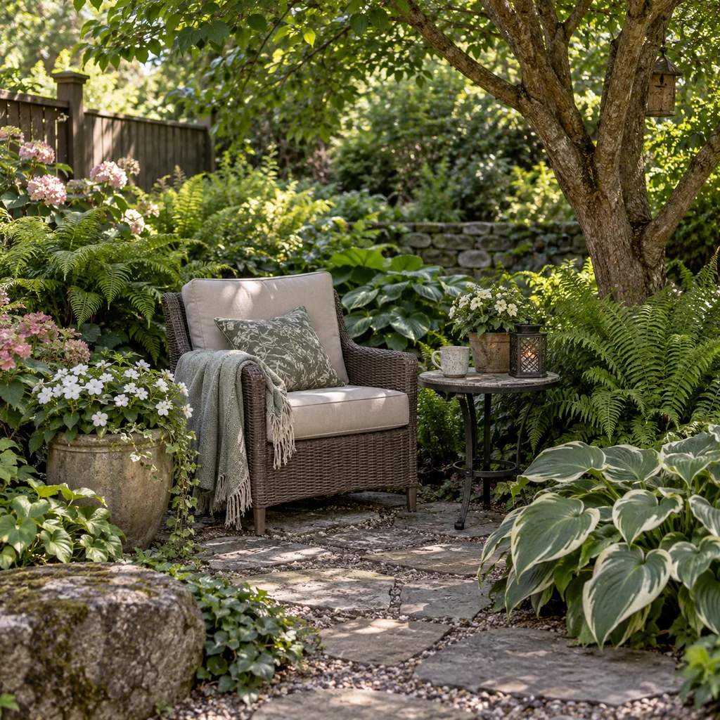 Shaded reading nook in a peaceful backyard garden