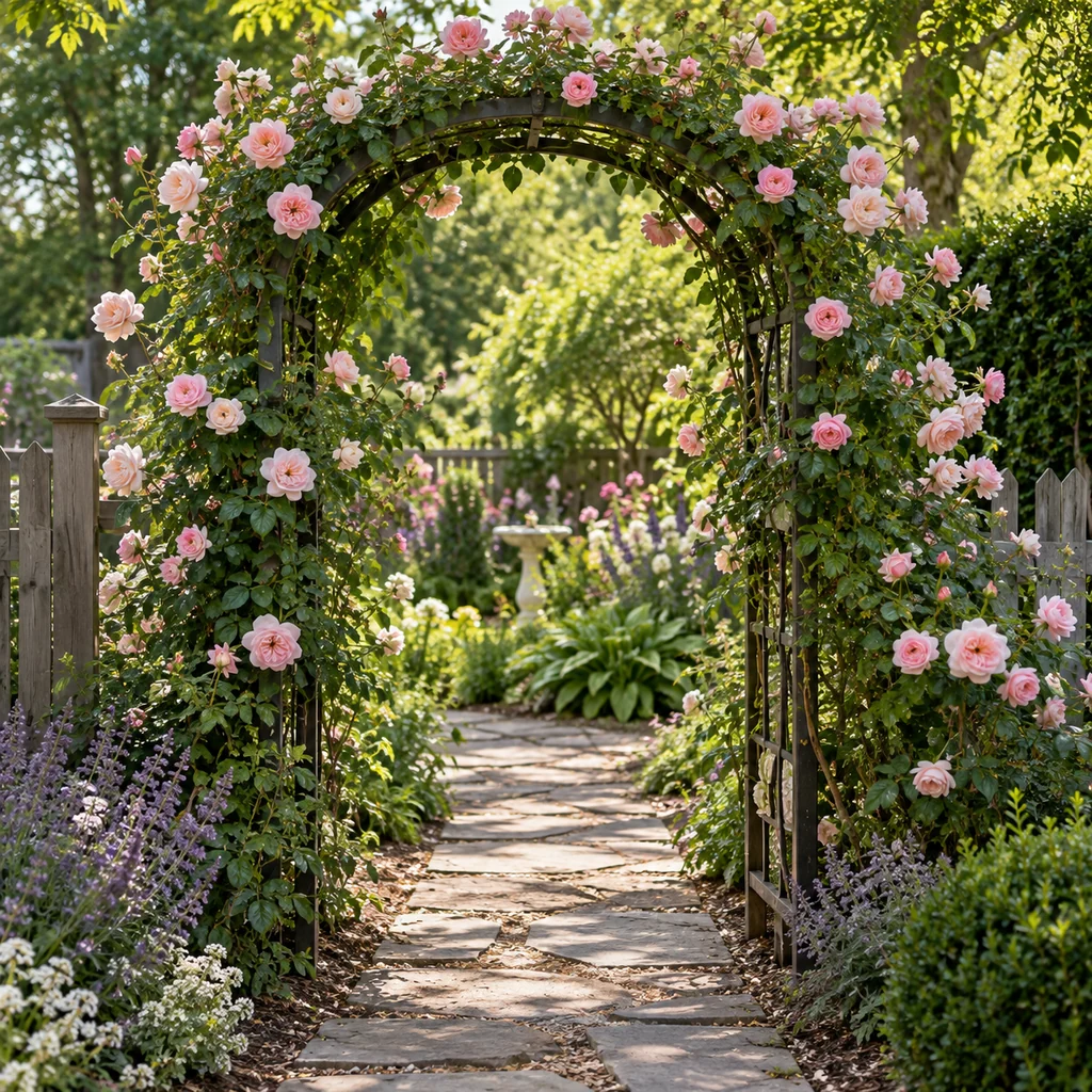 Climbing rose arch over a backyard garden path