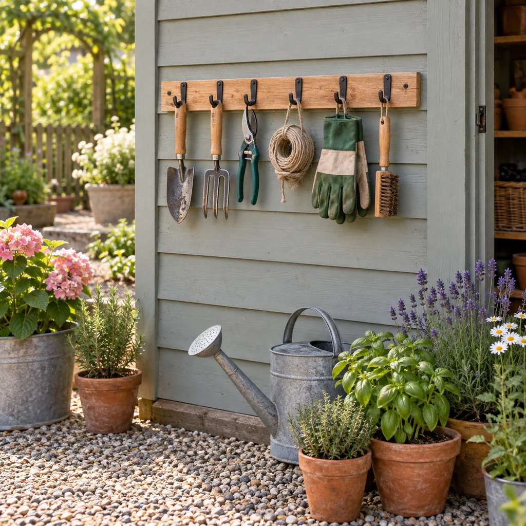 Simple garden tool rail mounted on a shed wall