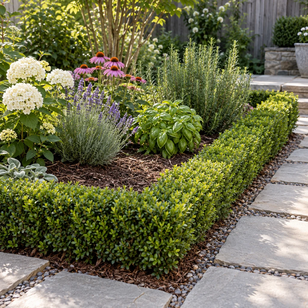 Low boxwood edging around a small backyard garden bed