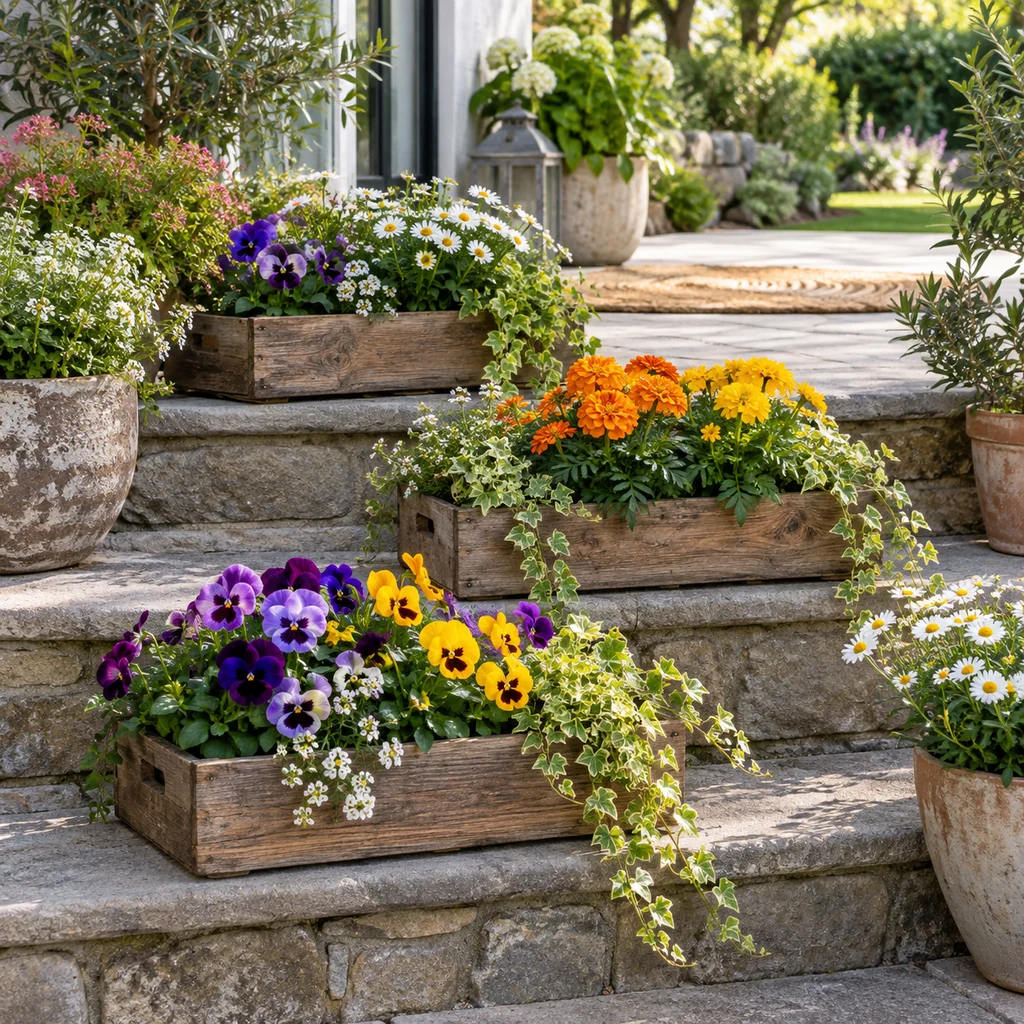 Seasonal flower trays arranged on backyard steps