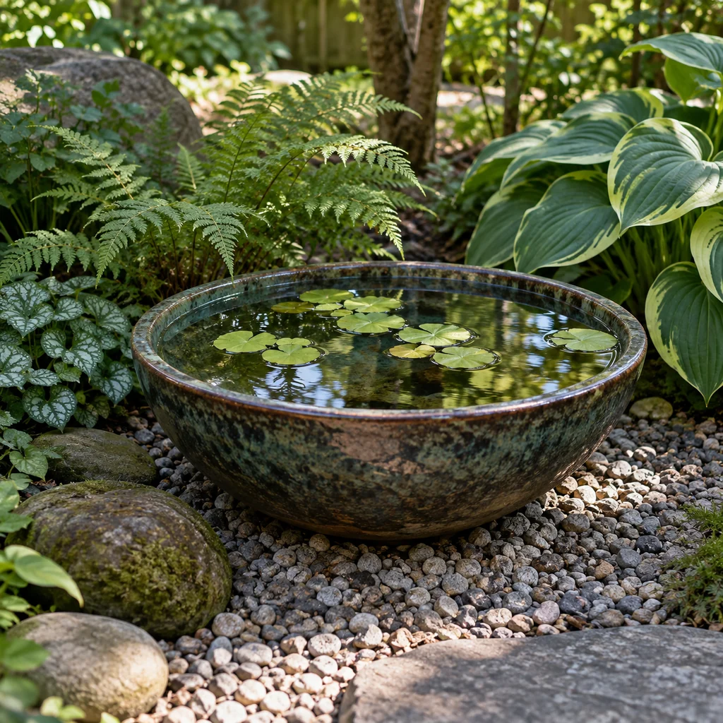 Reflective water bowl accent among shade garden plants