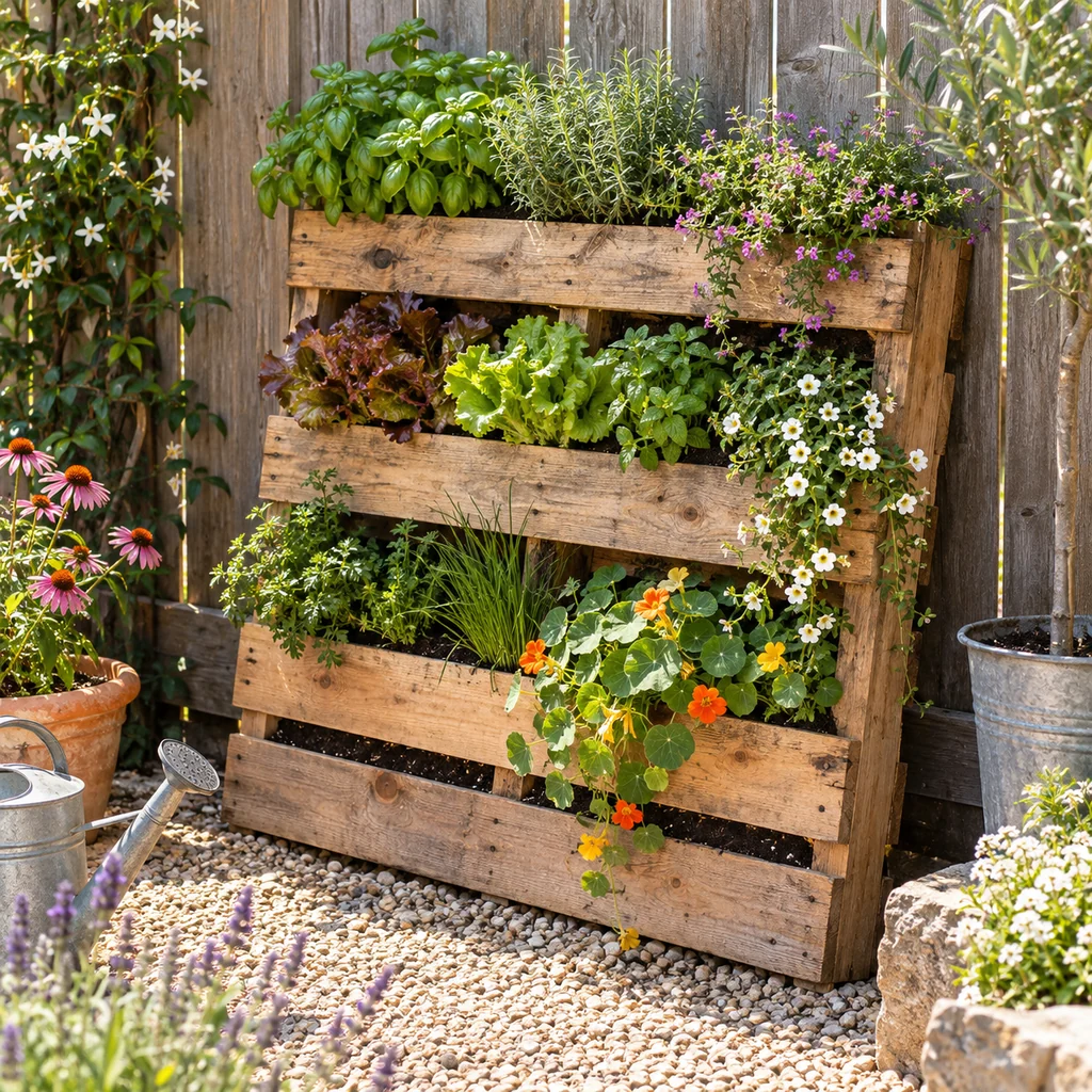 Reclaimed pallet planter filled with herbs and flowers