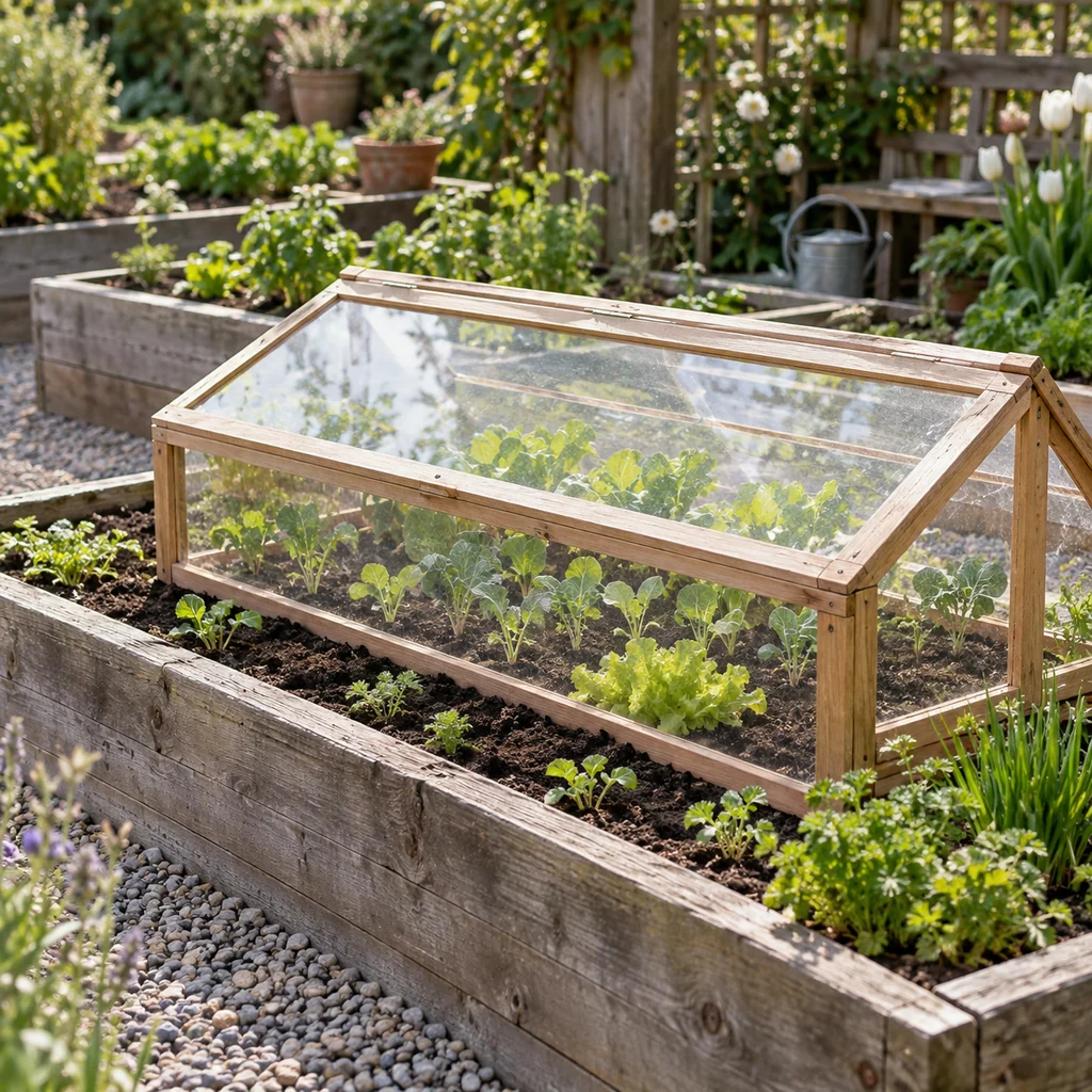 Small DIY mini greenhouse protecting seedlings in a raised bed