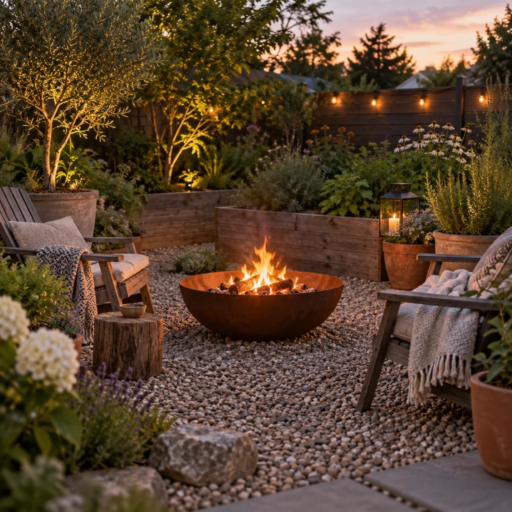 Cozy gravel fire pit corner surrounded by backyard garden plants
