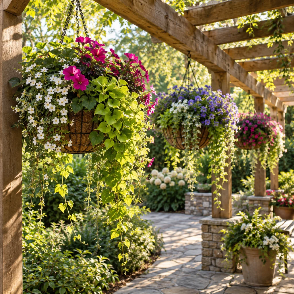 Hanging flower baskets on a wooden backyard pergola