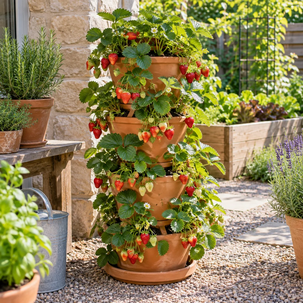 Vertical strawberry tower planter in a sunny backyard garden