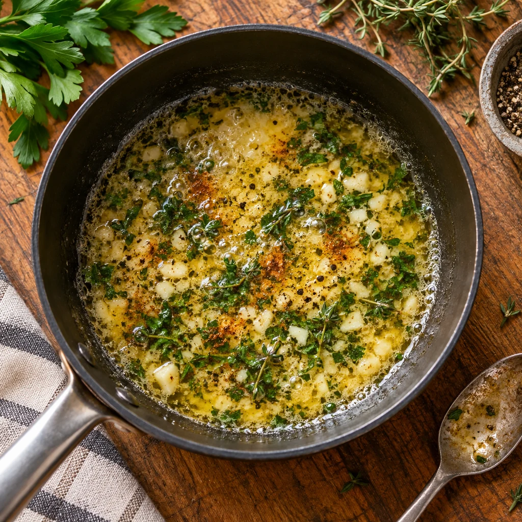 Aromatic butter sauce with herbs simmering in a small pan
