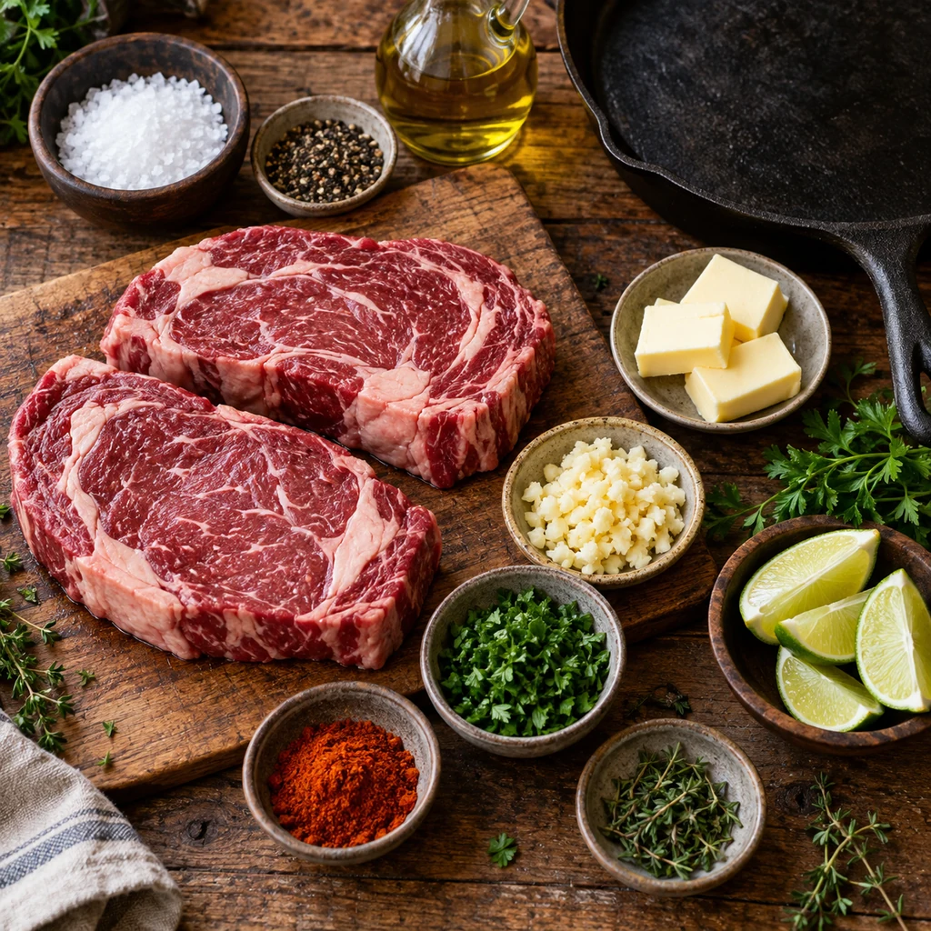 Ingredients for garlic butter Brazilian steak arranged on a wooden board