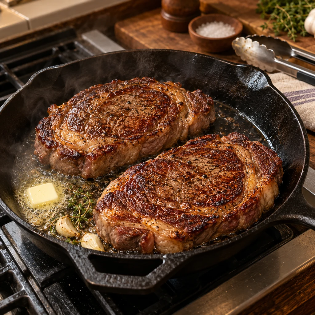 Ribeye steaks searing in a cast iron skillet