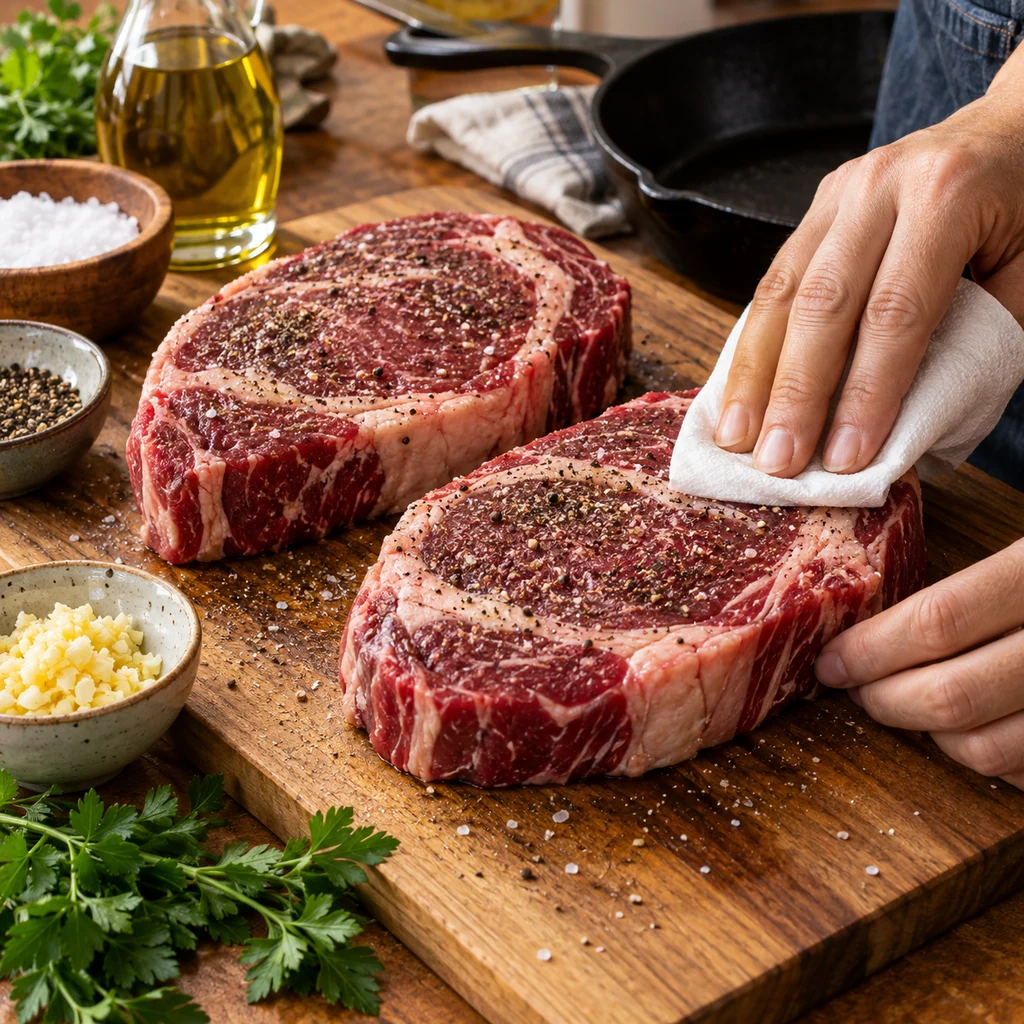 Ribeye steaks seasoned with salt and pepper on a cutting board