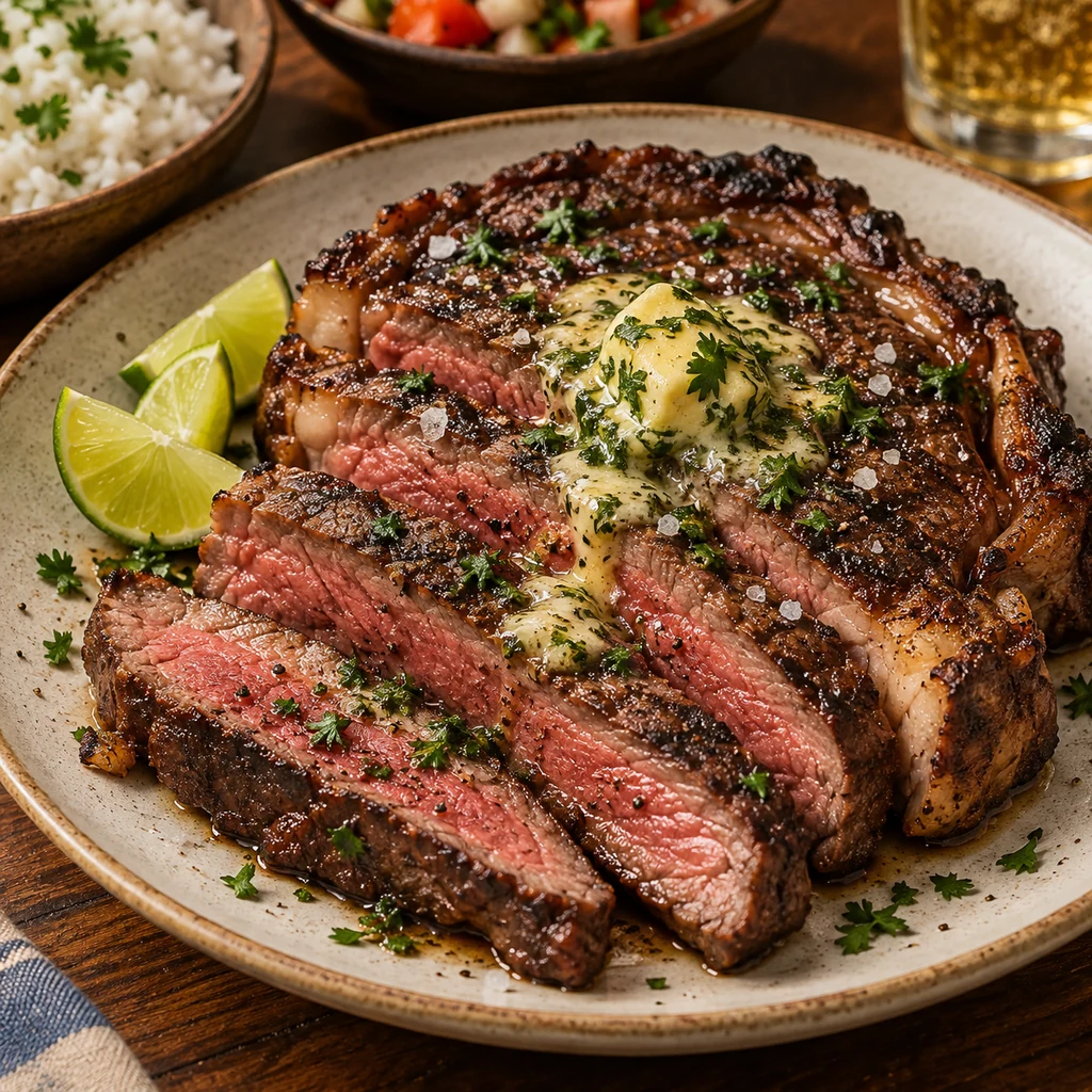 Sliced Brazilian steak served with herb butter and lime wedges