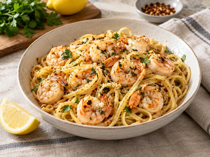 Garlic butter shrimp pasta with lemon, parsley, and red pepper flakes.