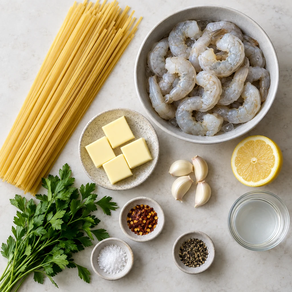 Linguine, raw shrimp, butter, garlic, lemon, parsley, red pepper flakes, salt, pepper, and reserved pasta water
