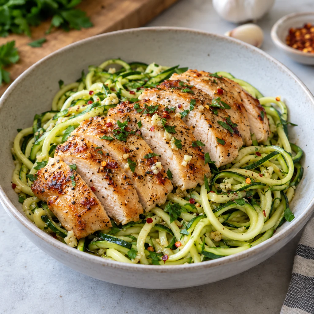 Garlic chicken breast served over sautéed zucchini noodles