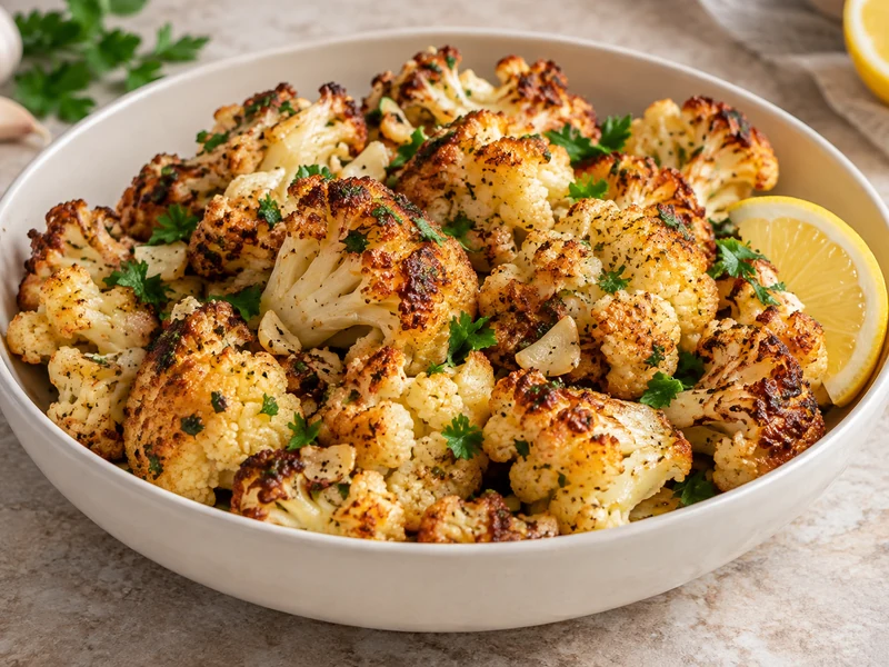Golden garlic roasted cauliflower with crisp edges, parsley, and lemon.