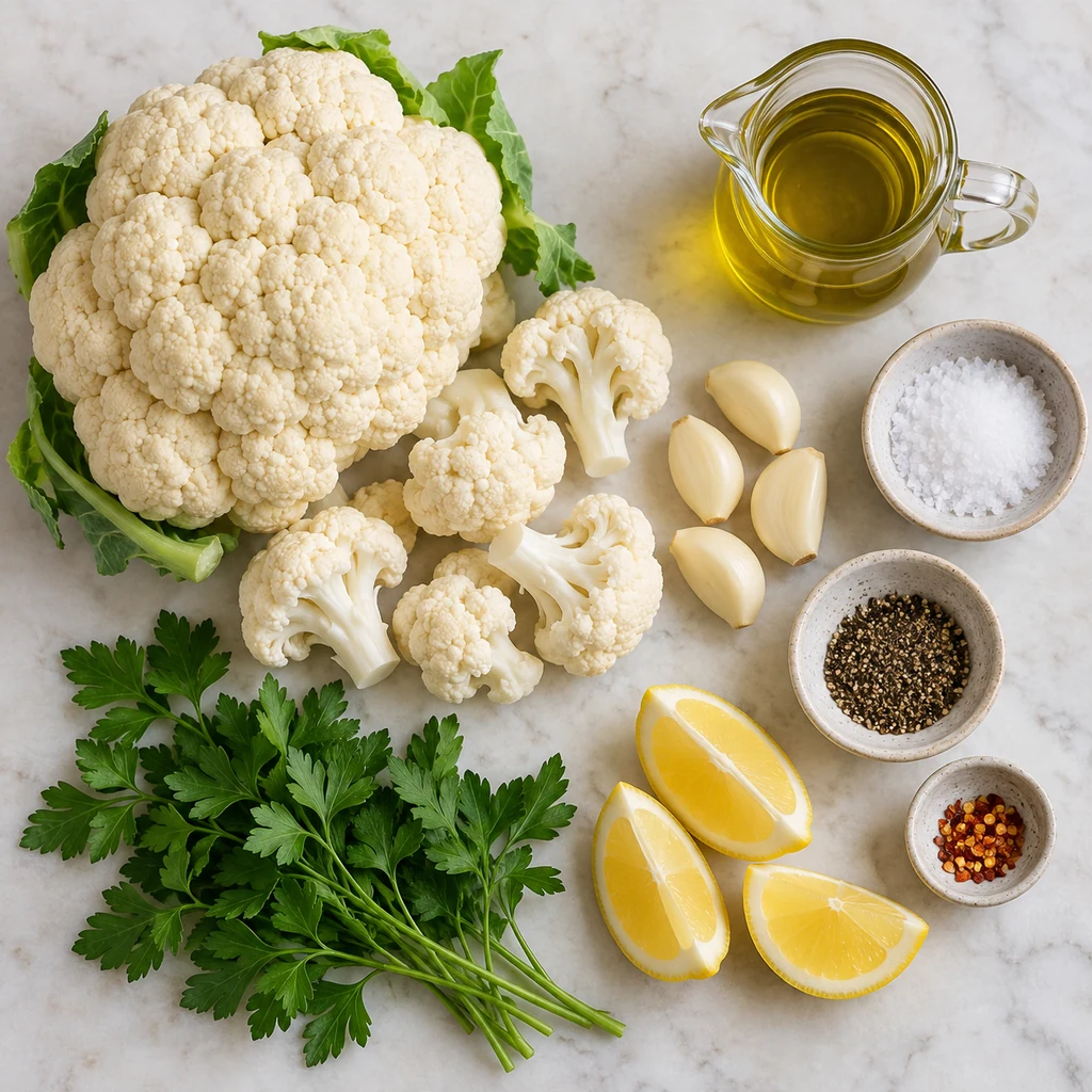 Cauliflower, garlic, olive oil, sea salt, black pepper, red pepper flakes, parsley, and lemon