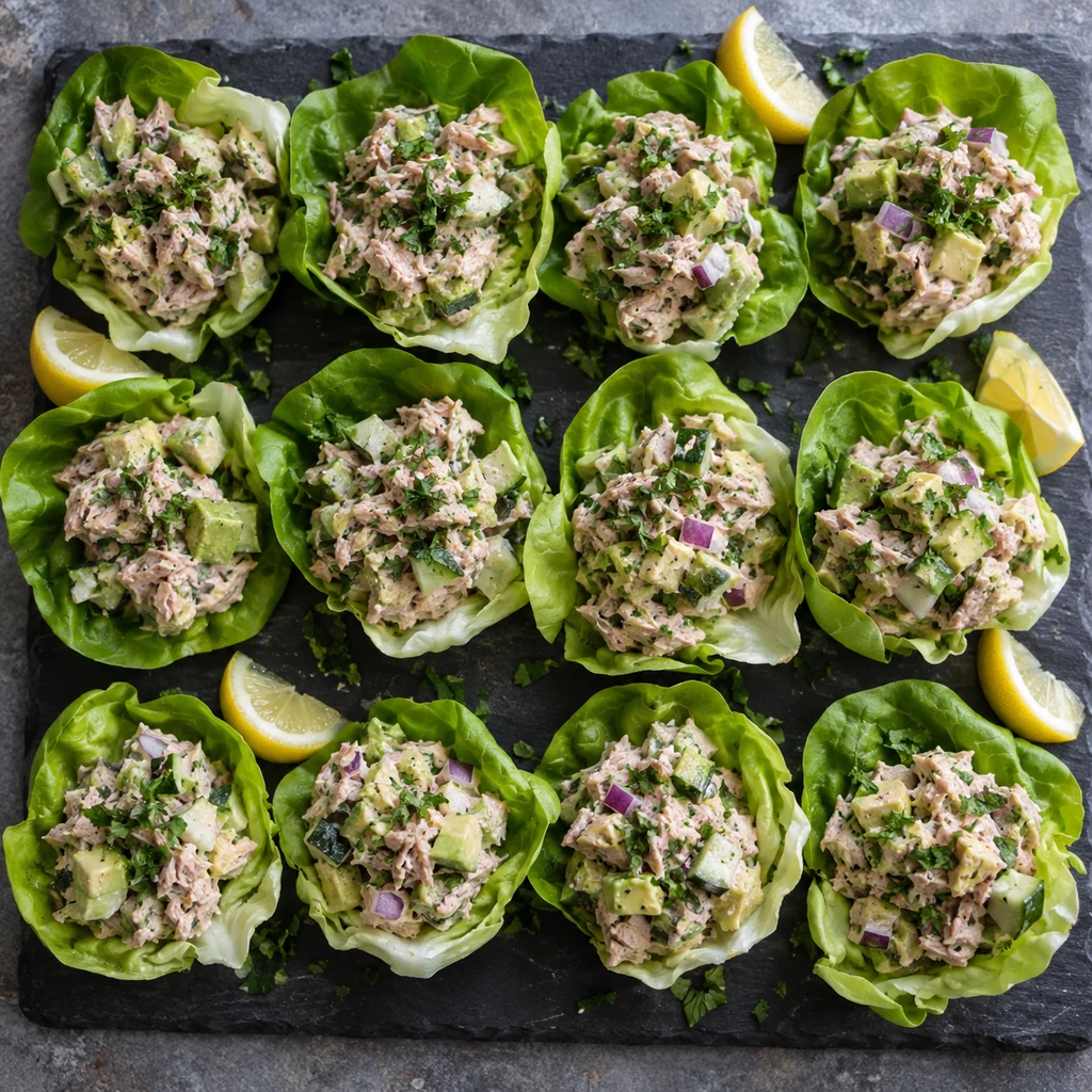 Finished avocado tuna salad lettuce cups garnished with parsley and served with lemon