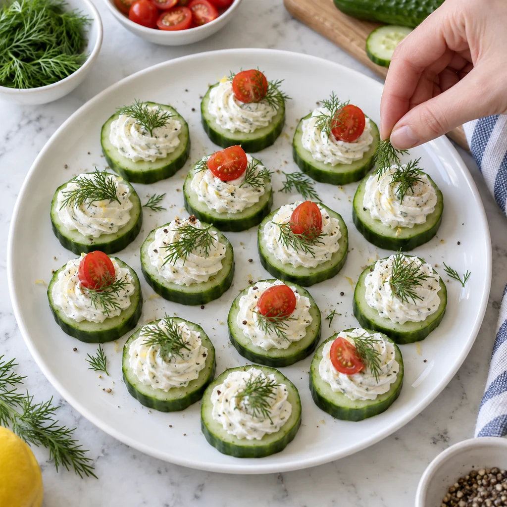 Finished cucumber bites garnished with dill and halved cherry tomatoes