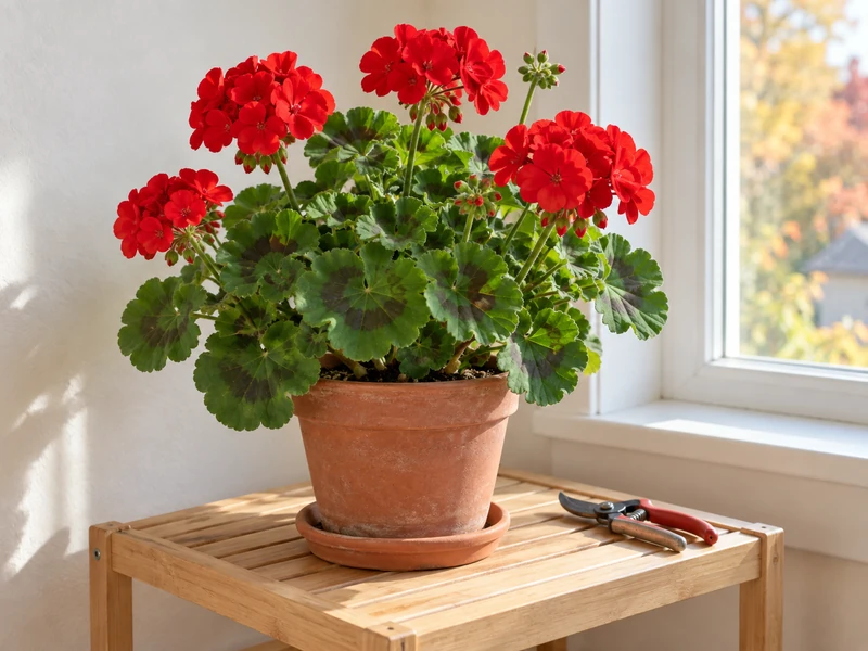 Compact red zonal geranium overwintering indoors beside a bright window