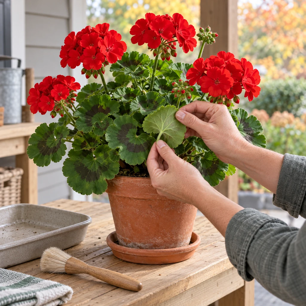 Checking the underside of a zonal geranium leaf for indoor plant pests
