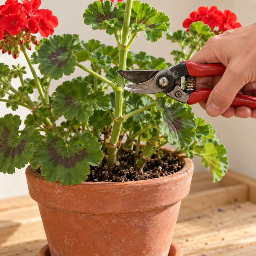 Bypass pruners positioned just above a leaf node on a zonal geranium stem