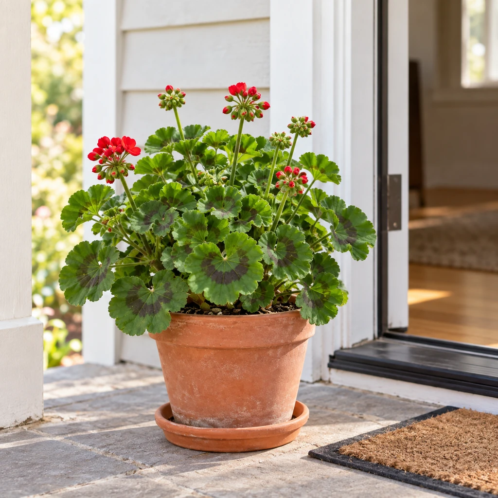 Potted geranium in bright shade by a doorway during spring acclimation