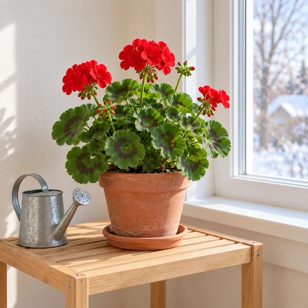 Pruned potted geranium in a bright cool window with an empty drainage saucer