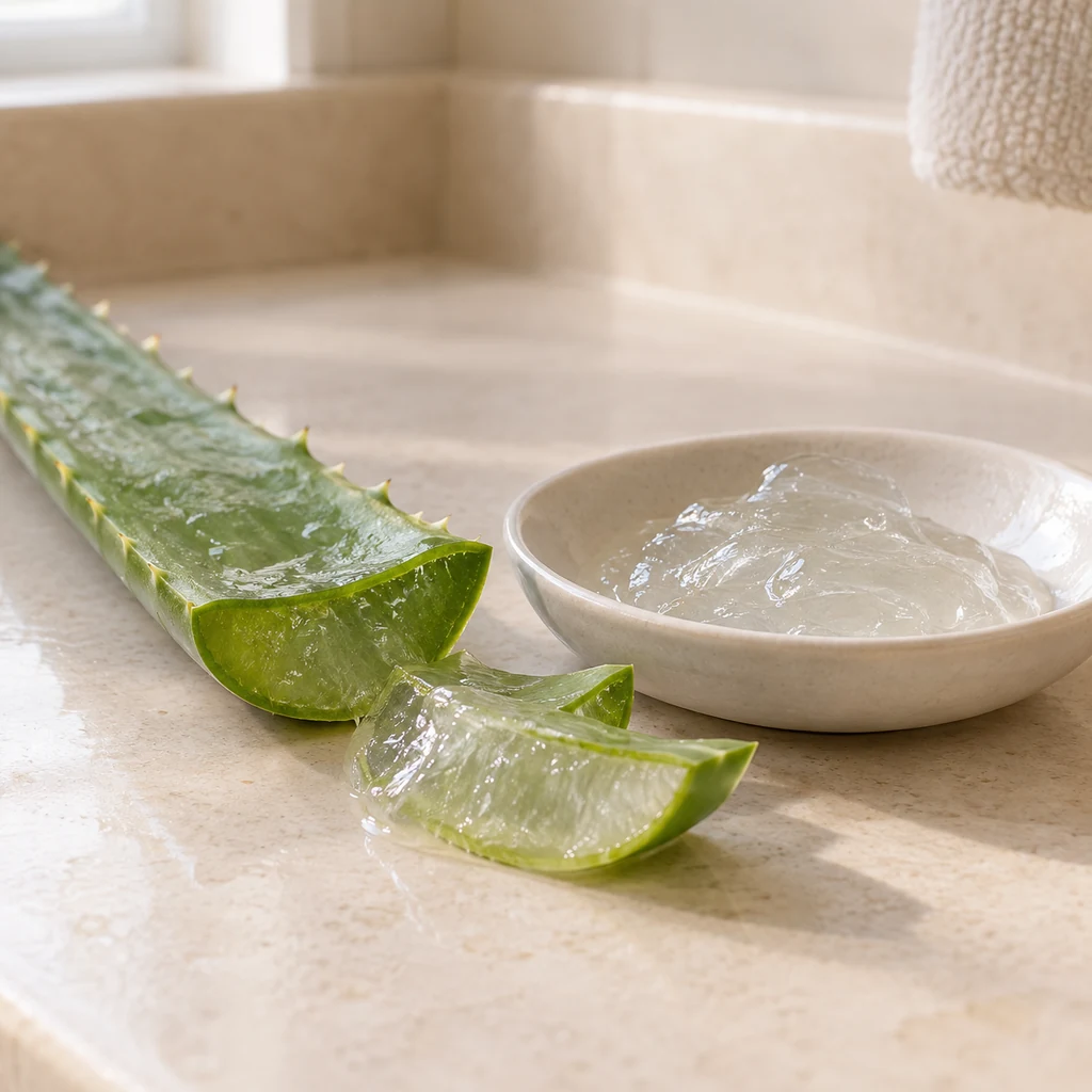 Aloe vera leaf and clear gel in a plain dish