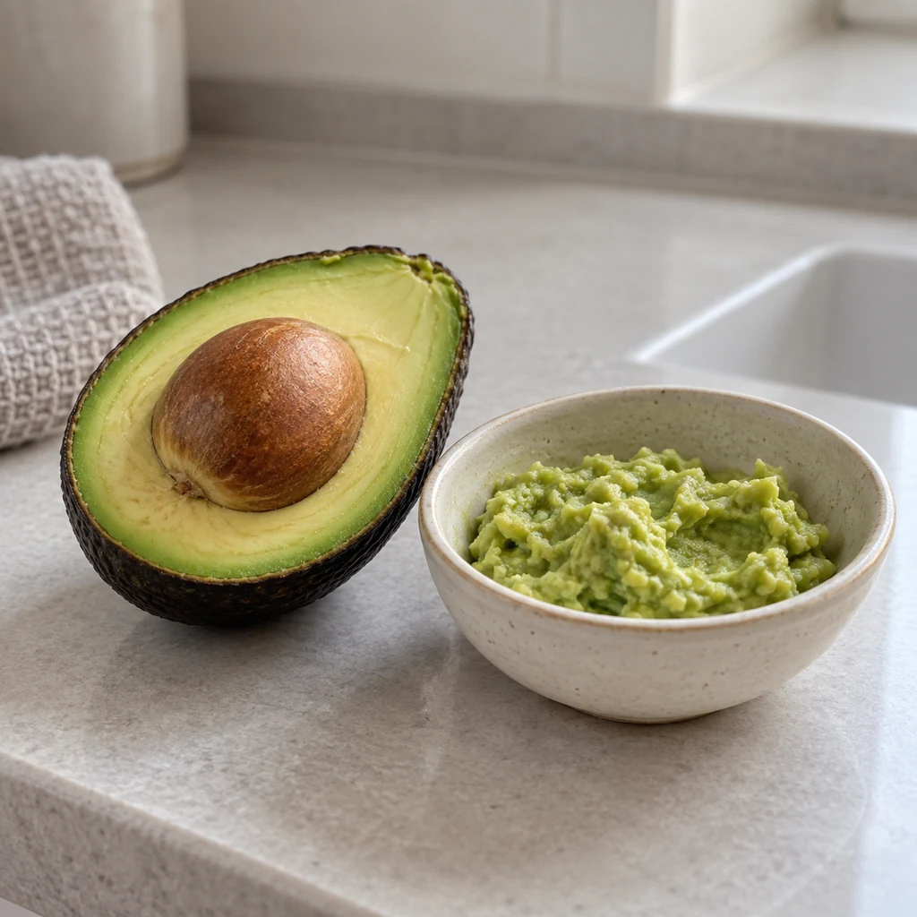 Ripe avocado half and a small portion of mashed avocado