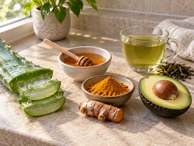 Aloe honey turmeric avocado and green tea arranged as five natural skin-care ingredients
