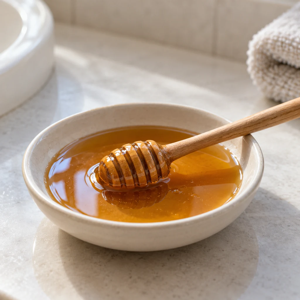 Golden honey in a small ceramic dish for a skin-care ingredient discussion